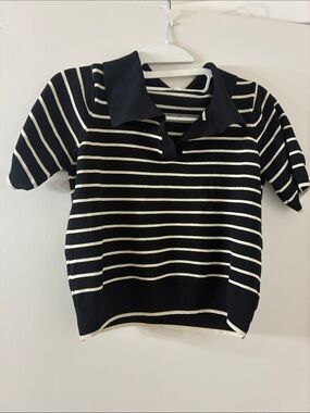 Striped Black & White Polo Knit Top